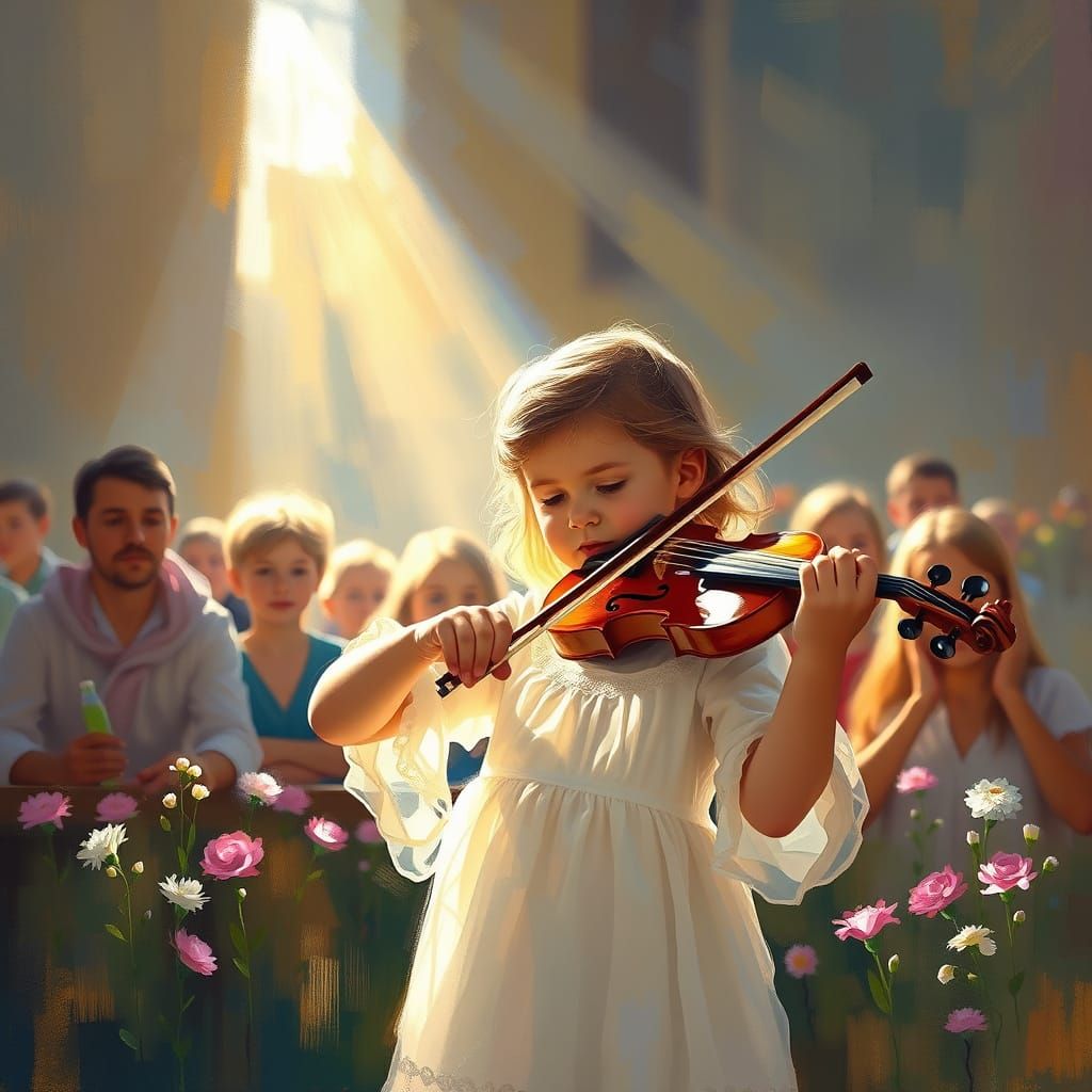 Hopeful Easter Service with Child Violinist in Impressionist...
