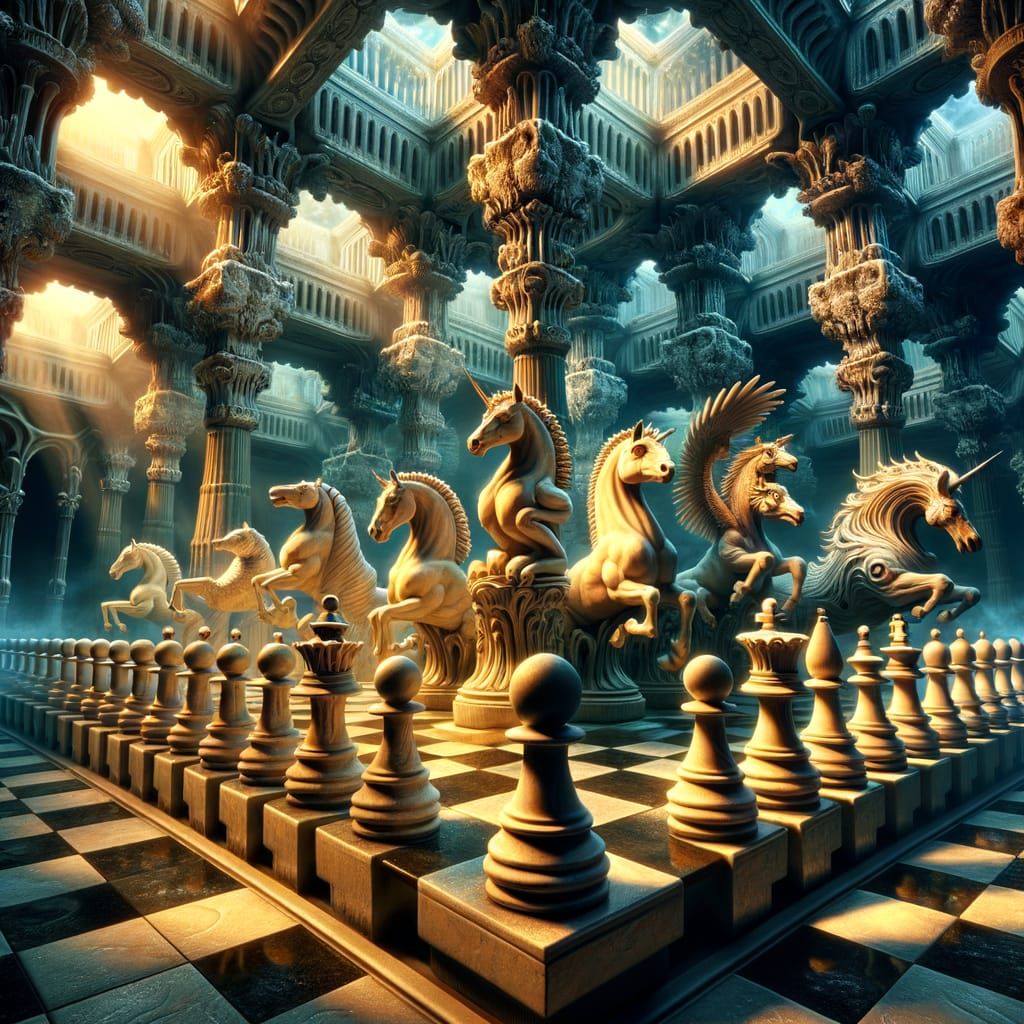 Surreal Chessboard with Mythical Creatures in Escher Style