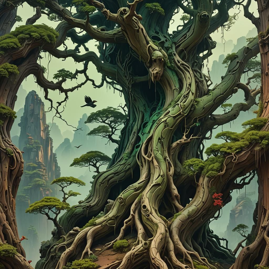 Chinese Sandalwood Carving in Misty Mountains