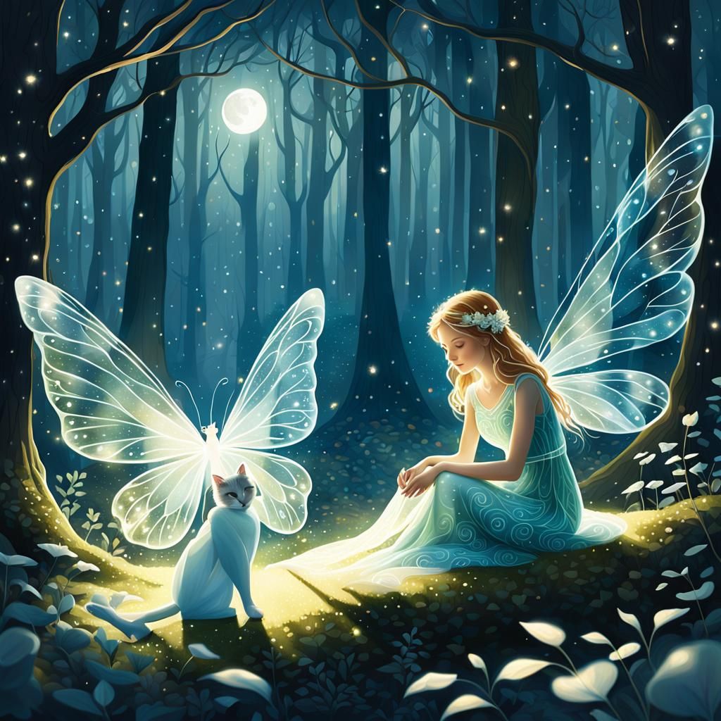 Fairy and White Cat in Moonlit Forest