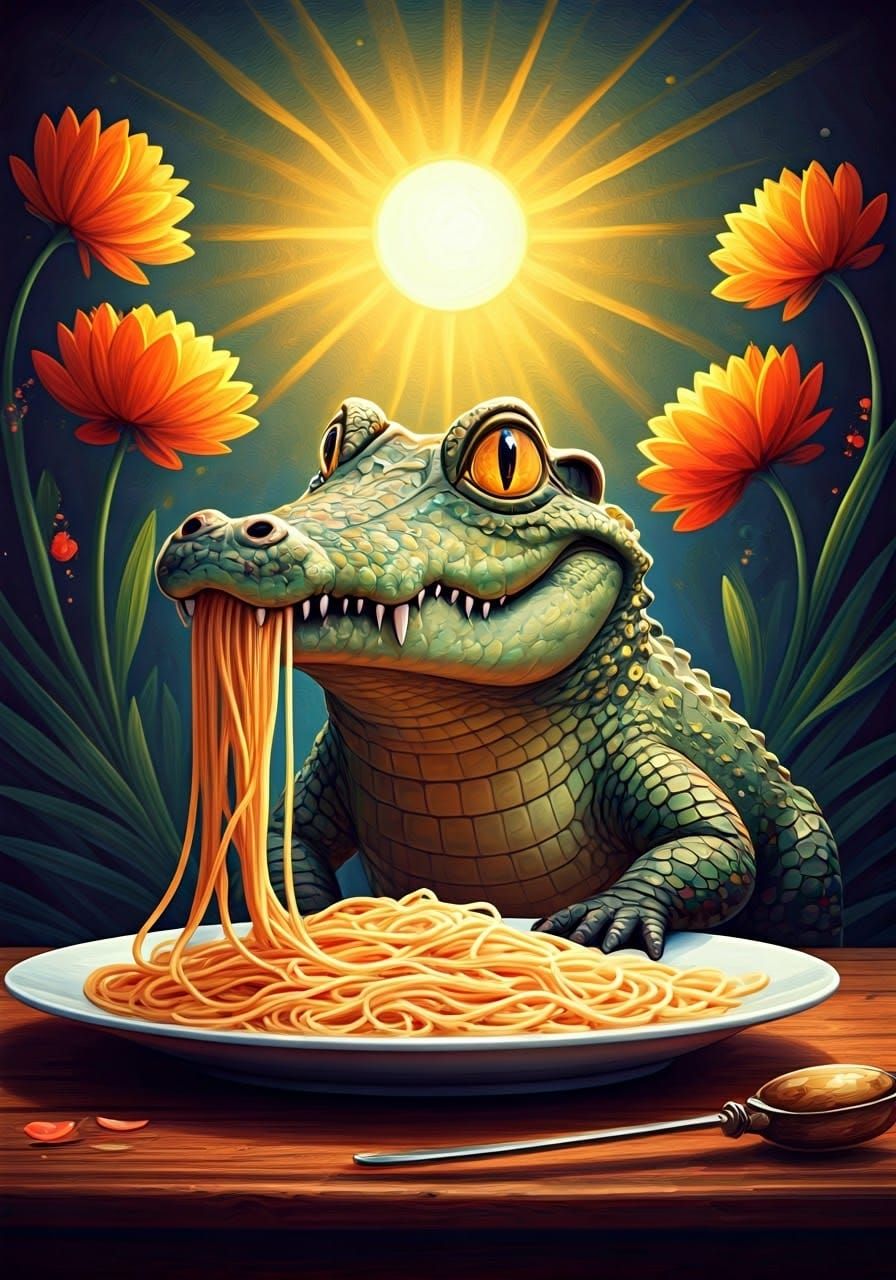 Crocodile Eats Spaghetti: Impressionist Palette Knife Painti...