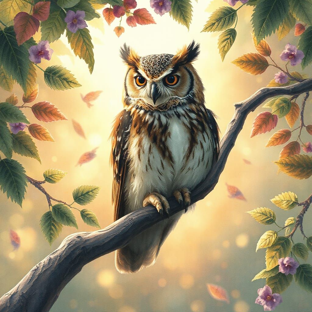 Watercolor Owl Perched in Whimsical Forest