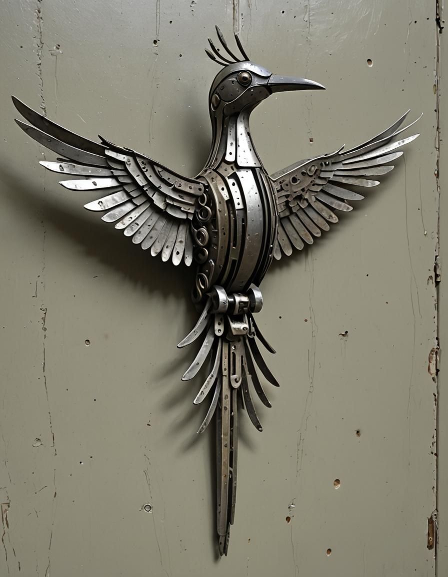 Metal Bird Sculpture Formed From Door Keys