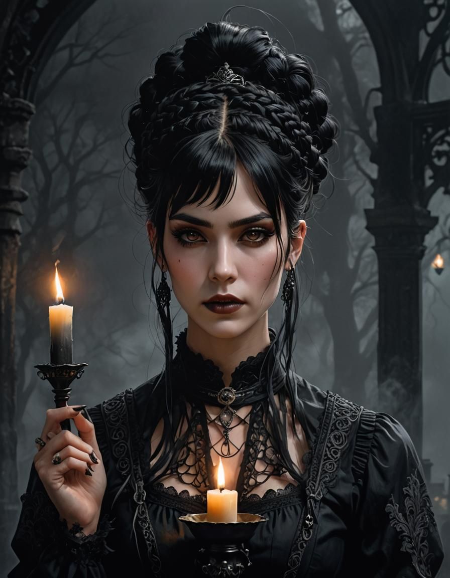 Gothic Girl with Candle in Fog, Digital Art