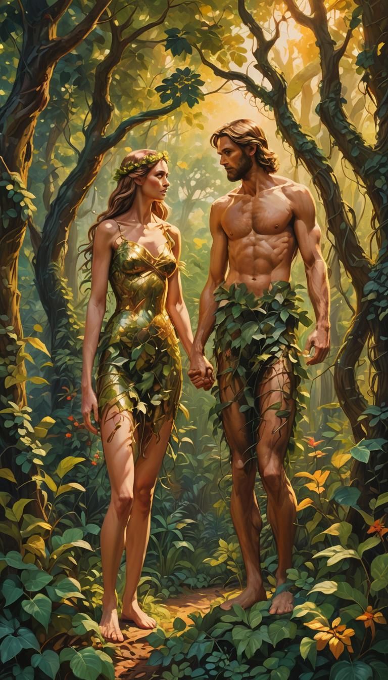 Adam and Eve in Forest as Oil Painting