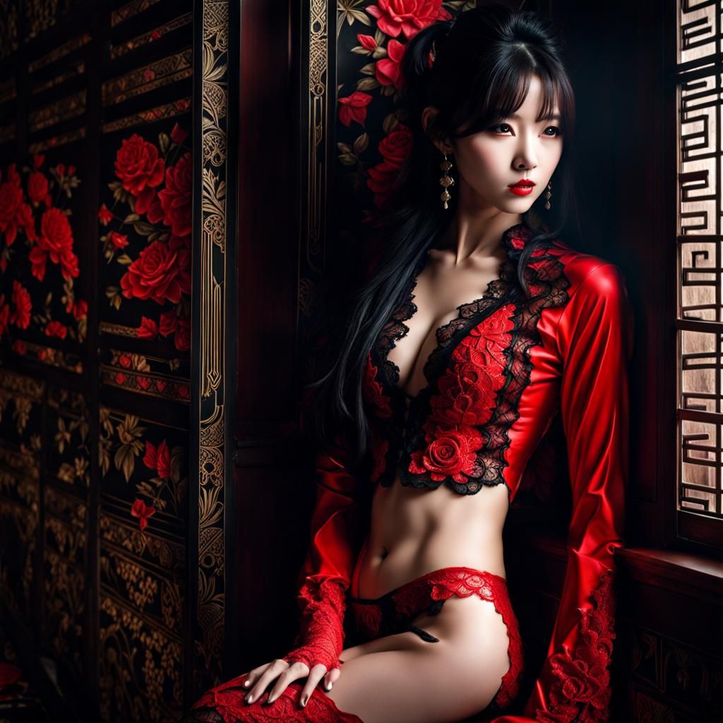 Beautiful Japanese Woman in Gothic Latex Lingerie