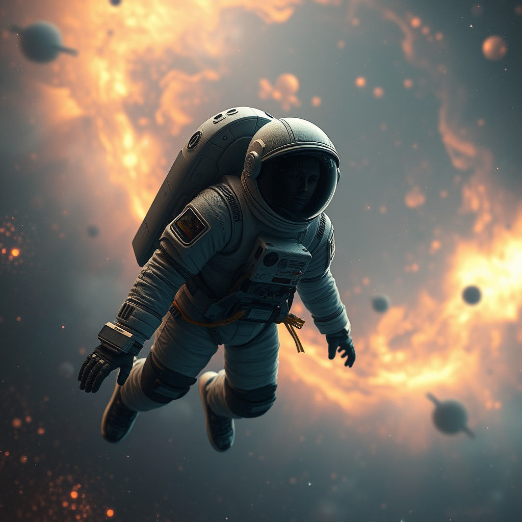 Astronaut Floating in Nebula: Hyperrealistic Cosmic Horror