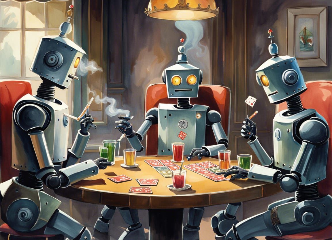Robots Play Poker in Retro Watercolor Style