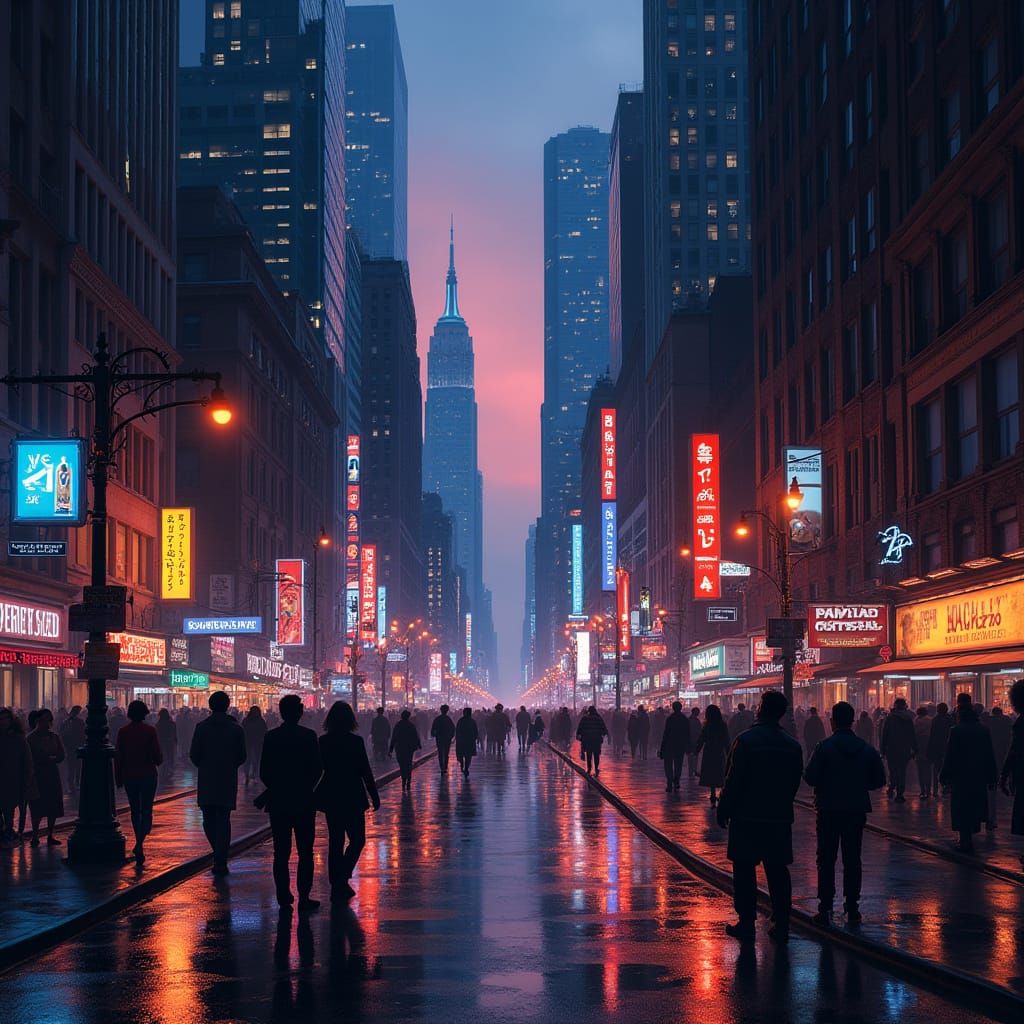 Futuristic New York City Street Scene at Dusk