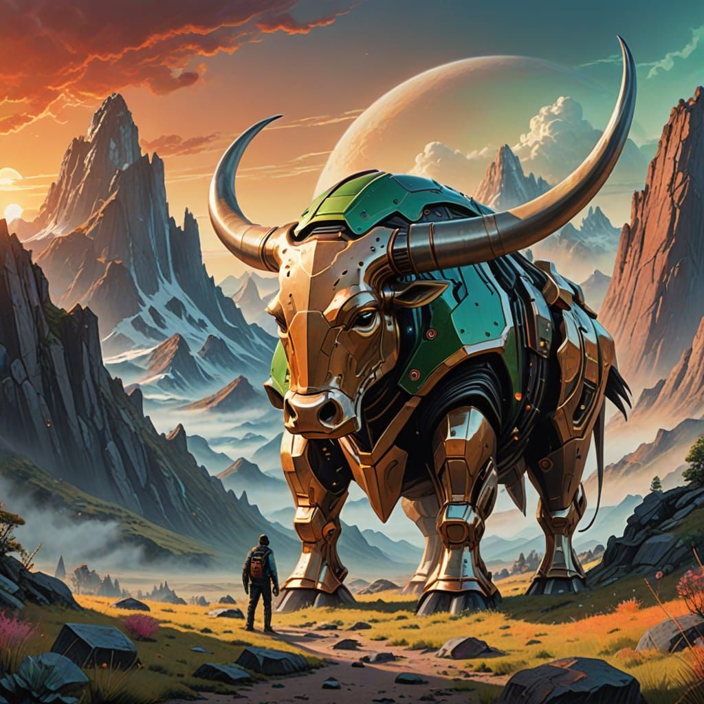 Biomechanical Longhorn in Mountain Landscape: Concept Art