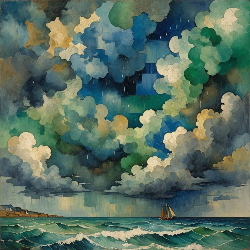Vibrant Cubist Storm at Sea in Blues and Grays