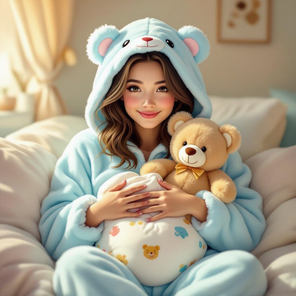 Shy Woman in Cute Onesie with Teddy Bear