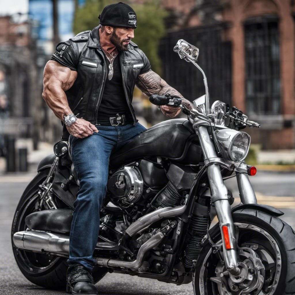 Giant Bodybuilder Motorcycle Cop in Leather, Digital Art