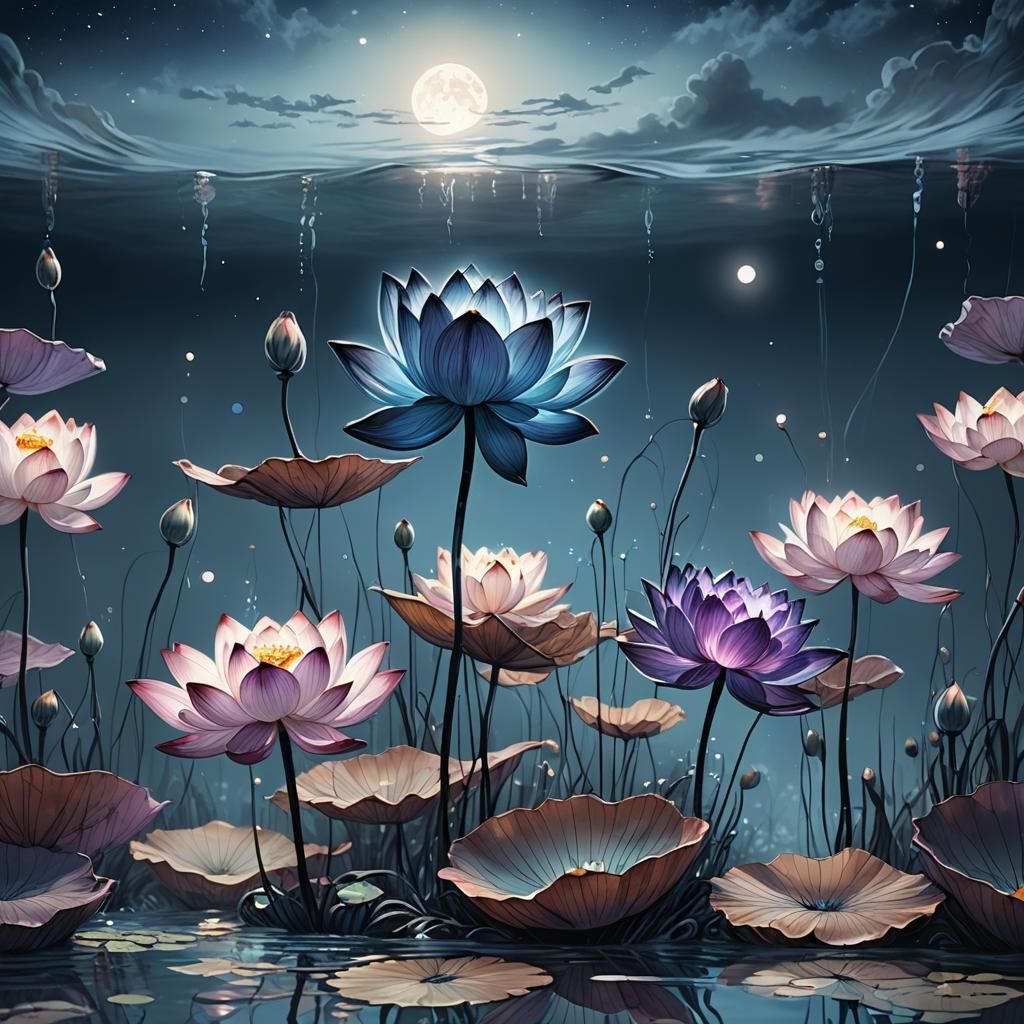 Glowing Blue Lotus Underwater Digital Painting