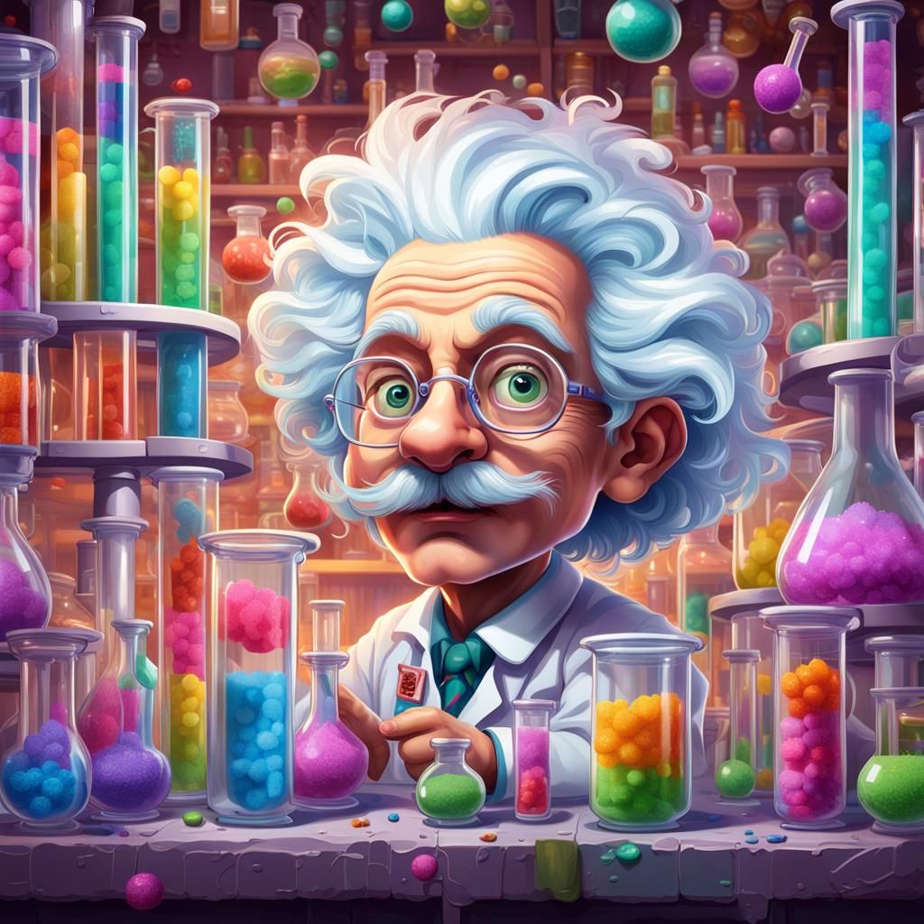 Whimsical Mad Scientist in Candyland Art Style