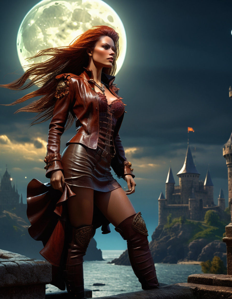 Epic Fantasy Warrioress Under Pale Moonlight in Photorealist...