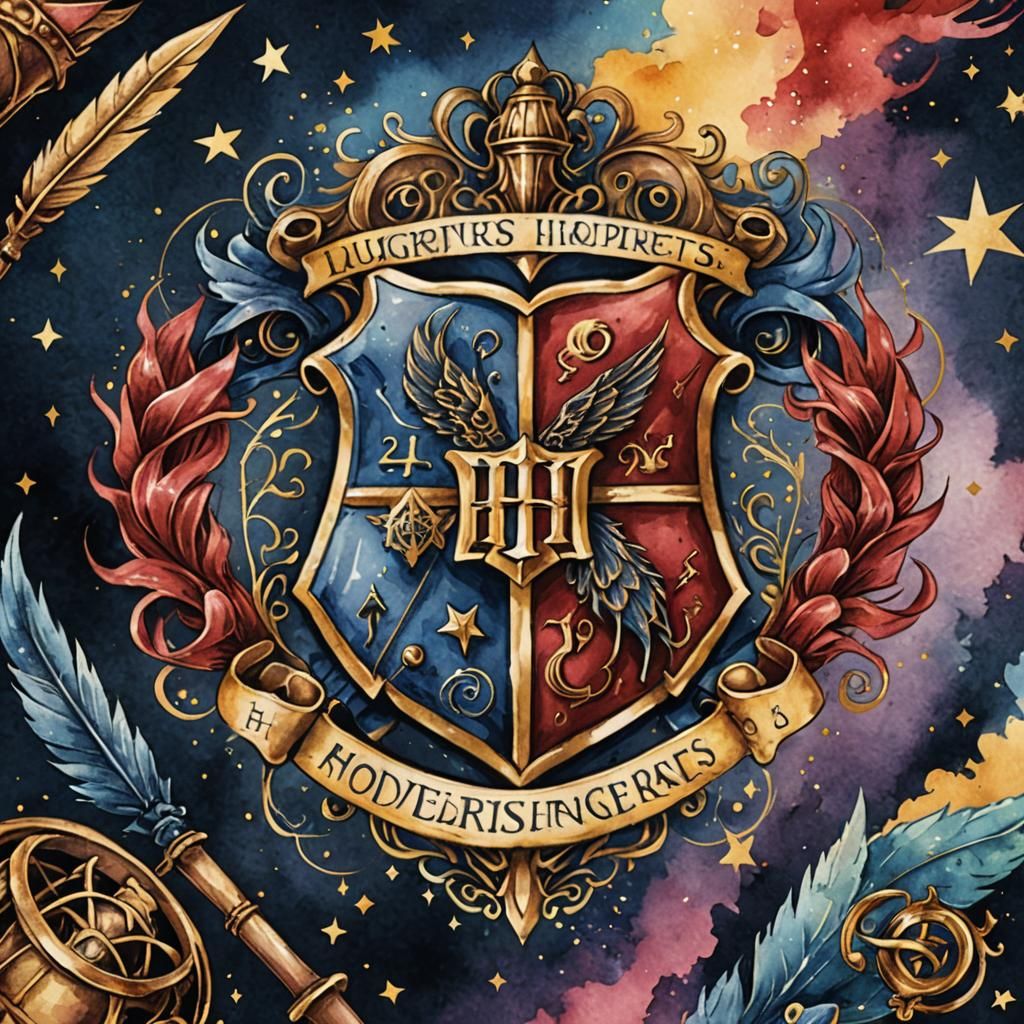 Magical Hogwarts Crest Illustration in Watercolor Style