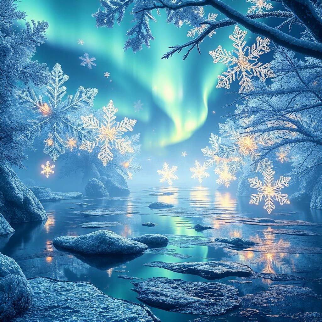 Giant Frosty Snowflakes Reflecting Aurora Borealis