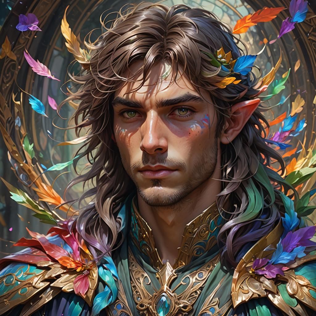Colorful Elf Man Portrait in Hyperdetailed Style