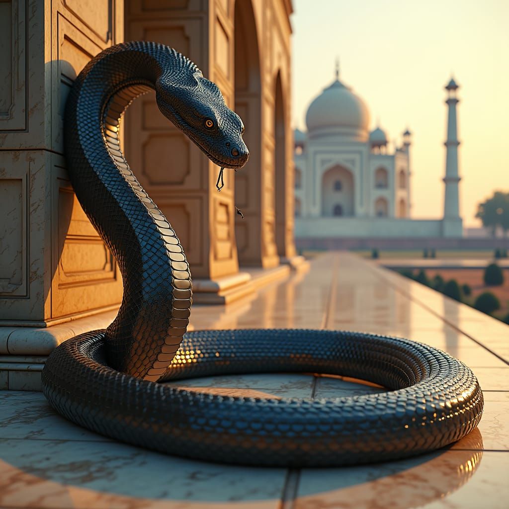 King Cobra Coiled Around Taj Mahal in Fantasy Art Style