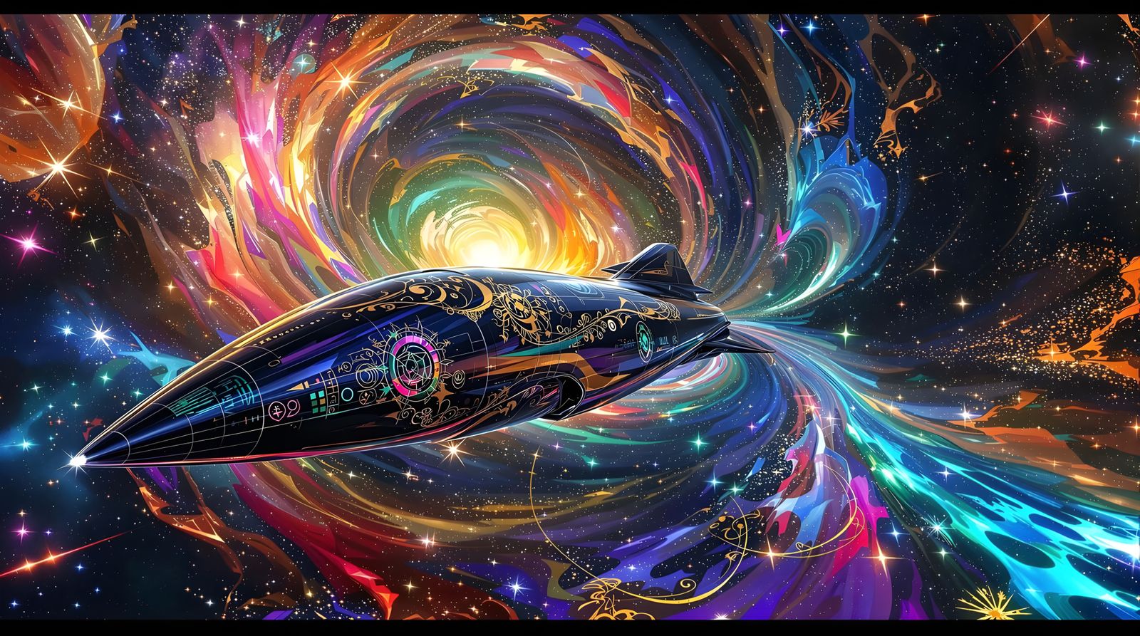 Cosmic Worldship Soaring Through Nebula in Impasto Style