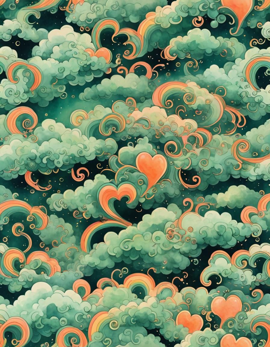 Psychedelic Hearts and Rainbow in Ethereal Green Fantasy