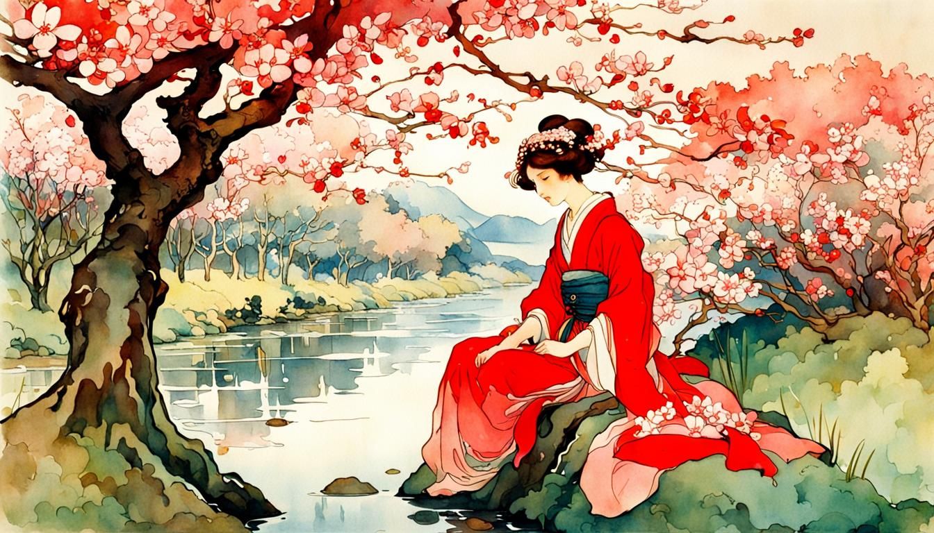 Cherry Blossoms on Riverbank in Art Nouveau Style