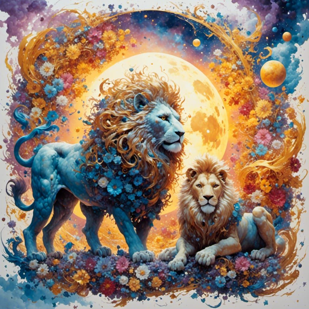 Moon Rabbit and Sun Lion in Gouache Style