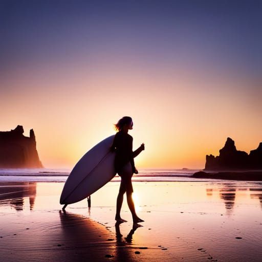 Surfer Woman on Beach at Sunset