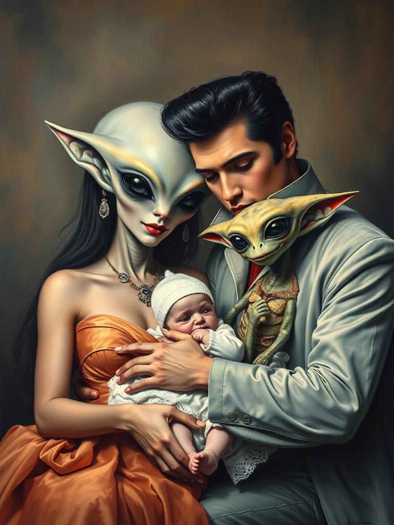 Elvis and Alien Family in Velvet Painting