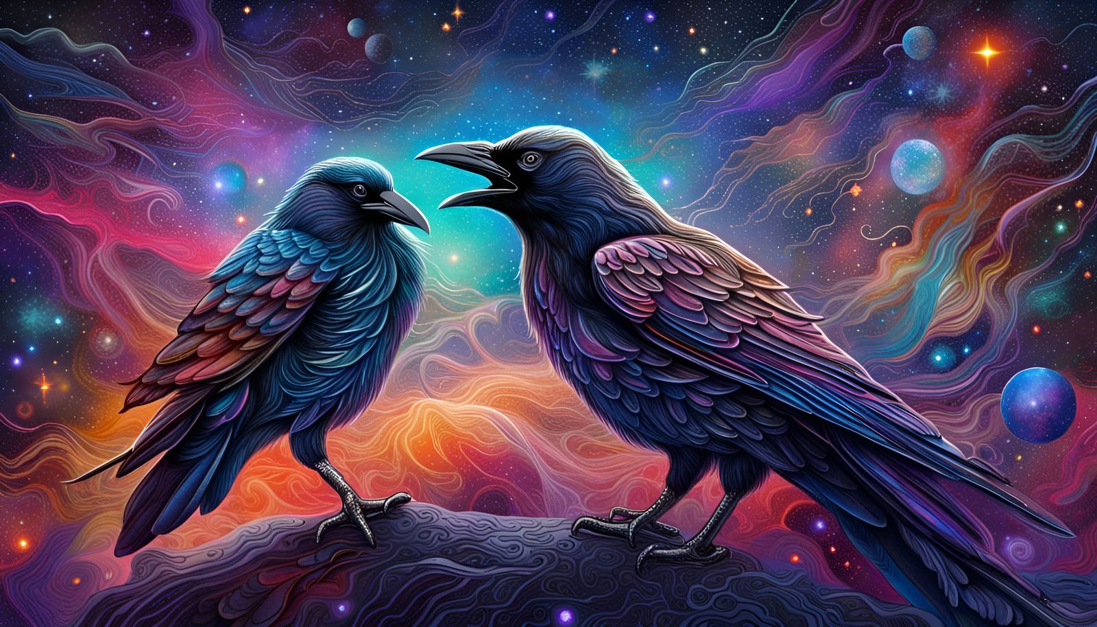 Colorful Crows Soaring Through Galaxy, Astral Illustration
