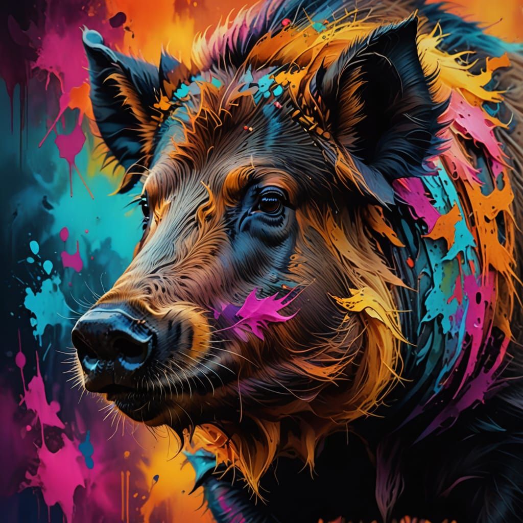 Abstract Boar Portrait in Vibrant Digital Painting Style