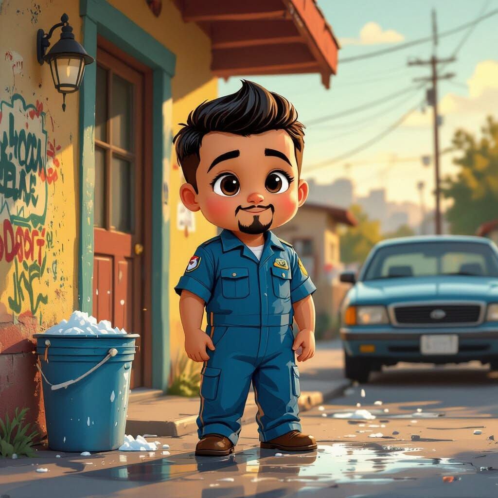 Mexican Boss Baby in Blue Uniform at Ghetto Car Wash