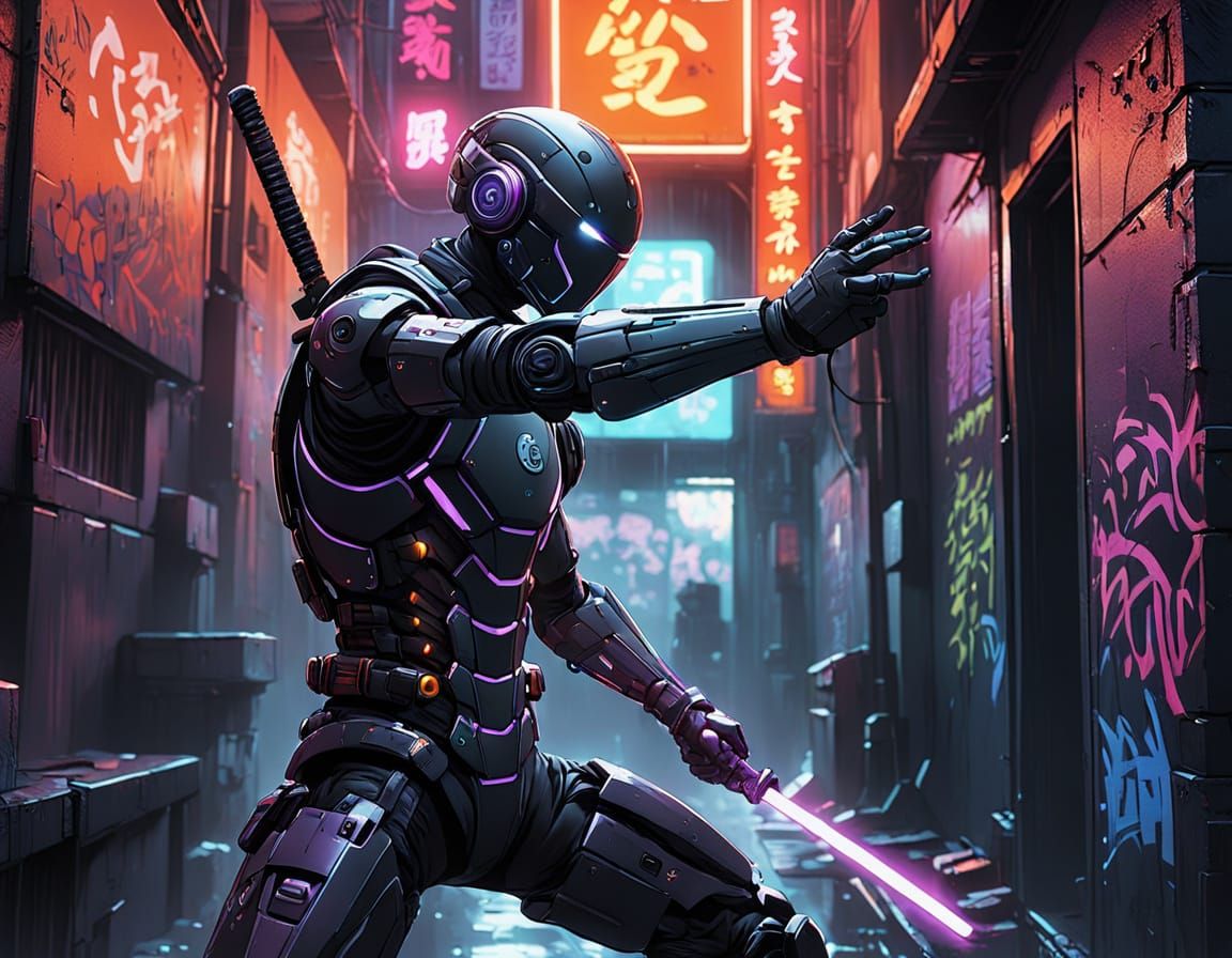 Cyborg Ninja in Neon Alleyway: Cyberpunk Illustration
