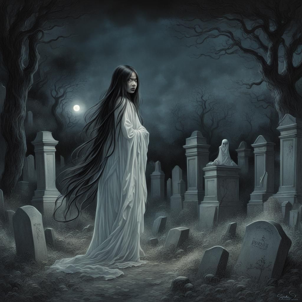 Hyperrealistic Asian Girl in Graveyard with Ghost