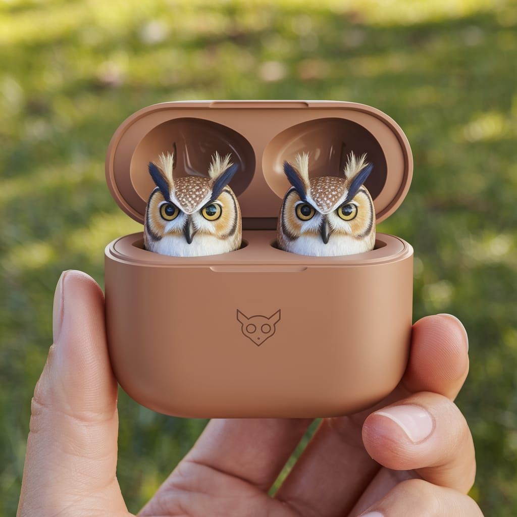 Owl Earbuds: Lifelike Miniature Great Horned Owl Design