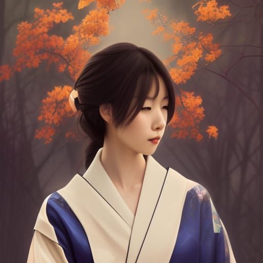 Beautiful Japanese Girl in Kimono, Art Nouveau Style