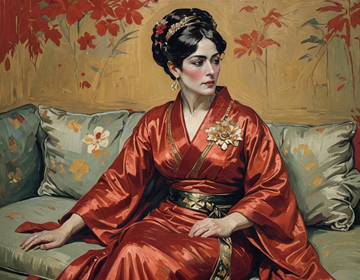 Woman in Red Kimono: An Impasto Style Portrait
