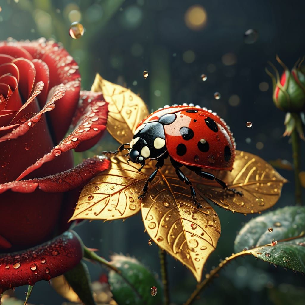 Scarlet and Gold Fractal Rose with Ladybug