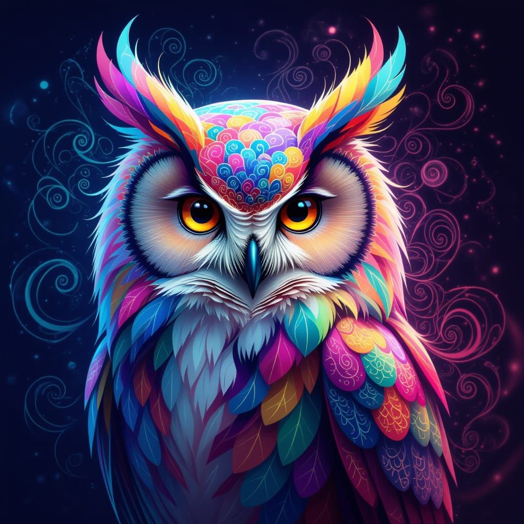 Majestic Rainbow Fractal Owl in Ethereal Style