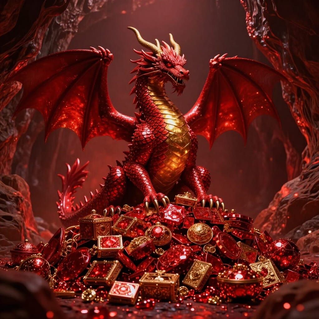 Red Dragon Guards Vast Crimson Treasure Hoard