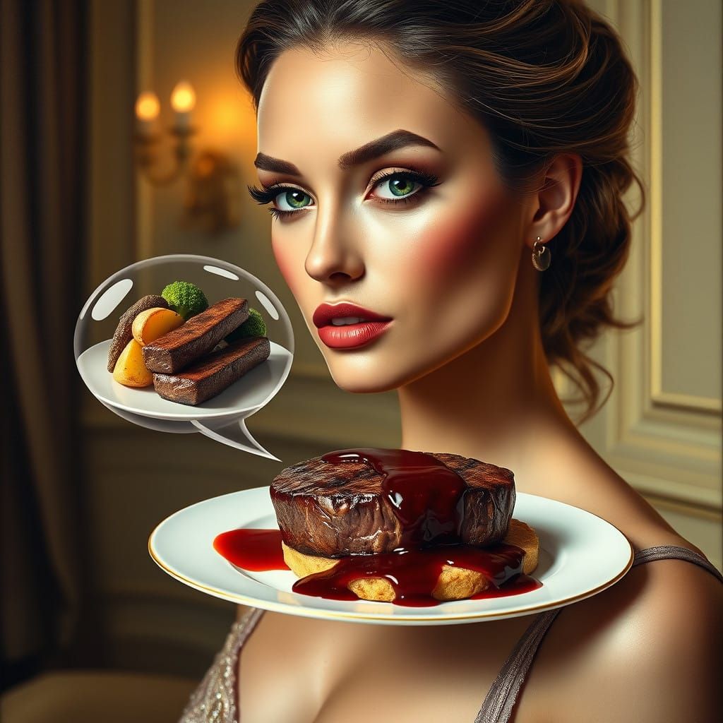 Hyper-Realistic Portrait of Elegant Woman with Dream Steak D...