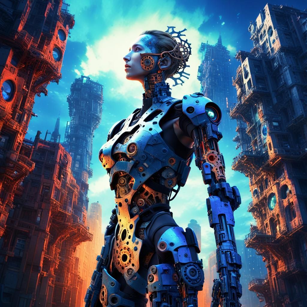 Cyborg Surrender in Decaying Cityscape: Surreal Digital Art