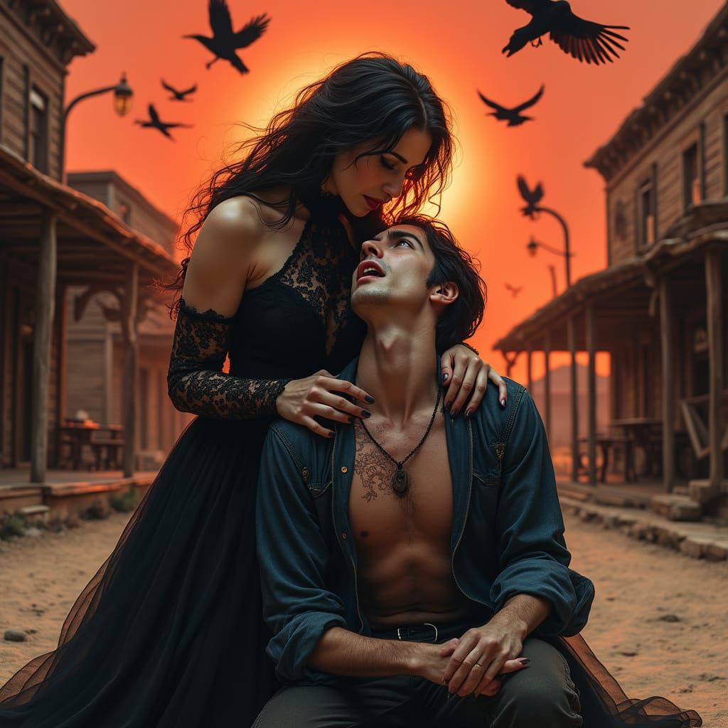 Ethereal Vampire Bites Cowboy in Victorian-Style Western Sce...