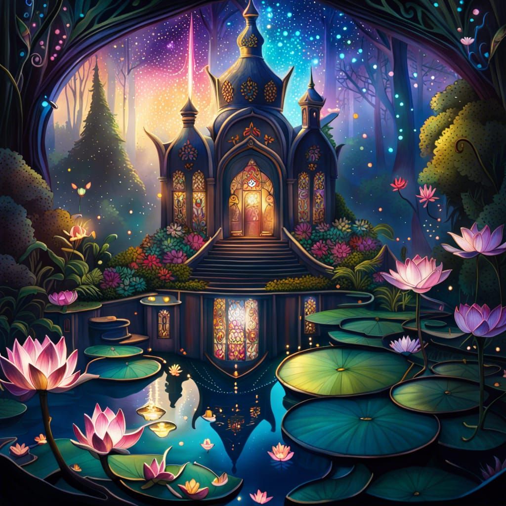 Fairytale Lotus Pond with Fireflies in Polychromatic Art