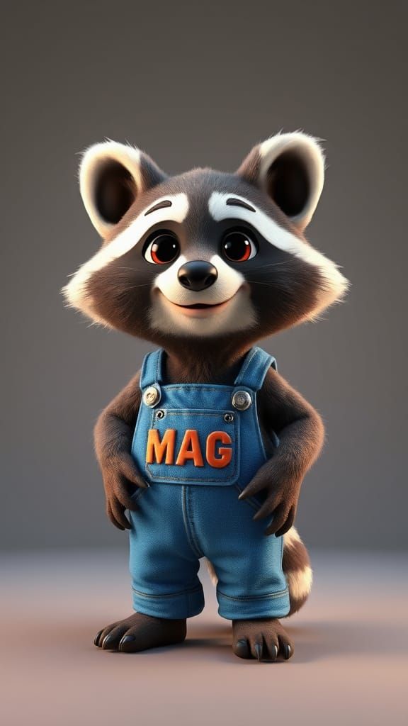 Charming 3D Cartoon Raccoon in Bright Blue Overall, Inspired...