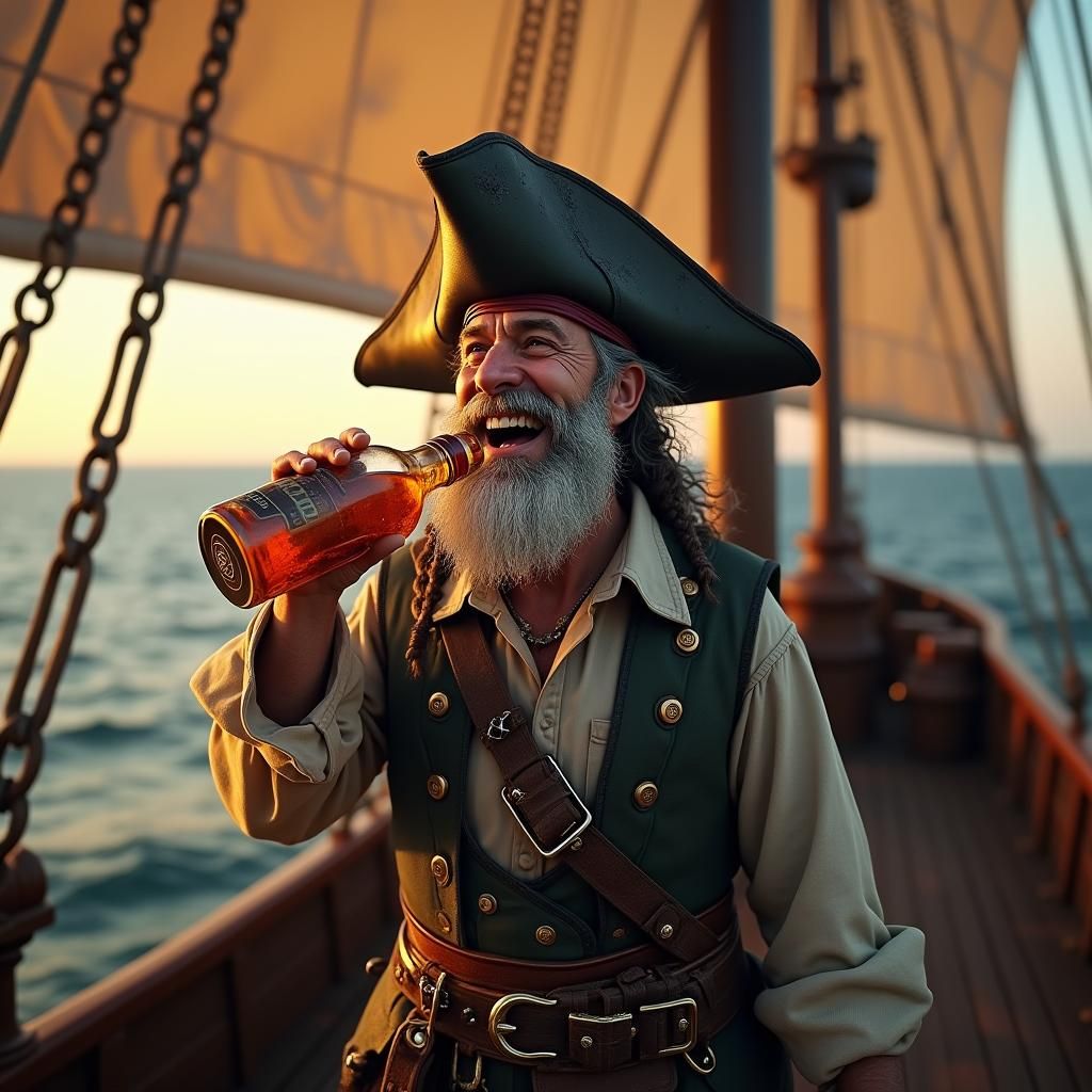 Jovial Pirate Drinking Whiskey in Golden Hour, Matte Paintin...
