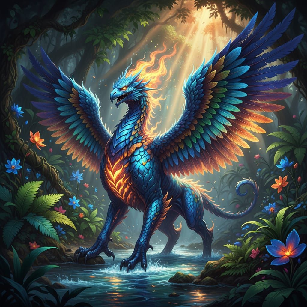 Blue Fire Griffin in Tropical Riverbed with Volumetric Light...