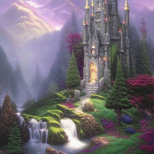 Ethereal Elven Castle Waterfall in Fantasy Style