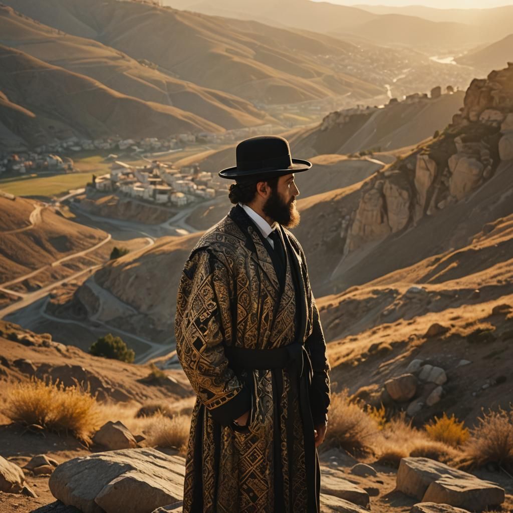 Ultra-Orthodox Figure Contemplates Sunrise in Cinematic Styl...